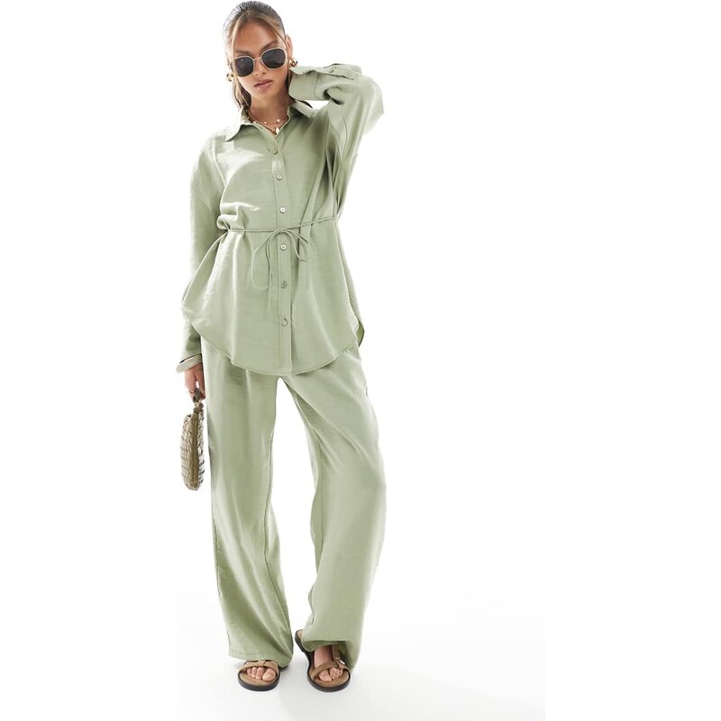 ASOS DESIGN modal tie waist wide leg trouser in olive co ord