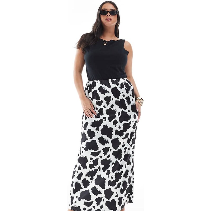 Renee Studio Plus exclusive satin maxi skirt in black & white cow 106717338