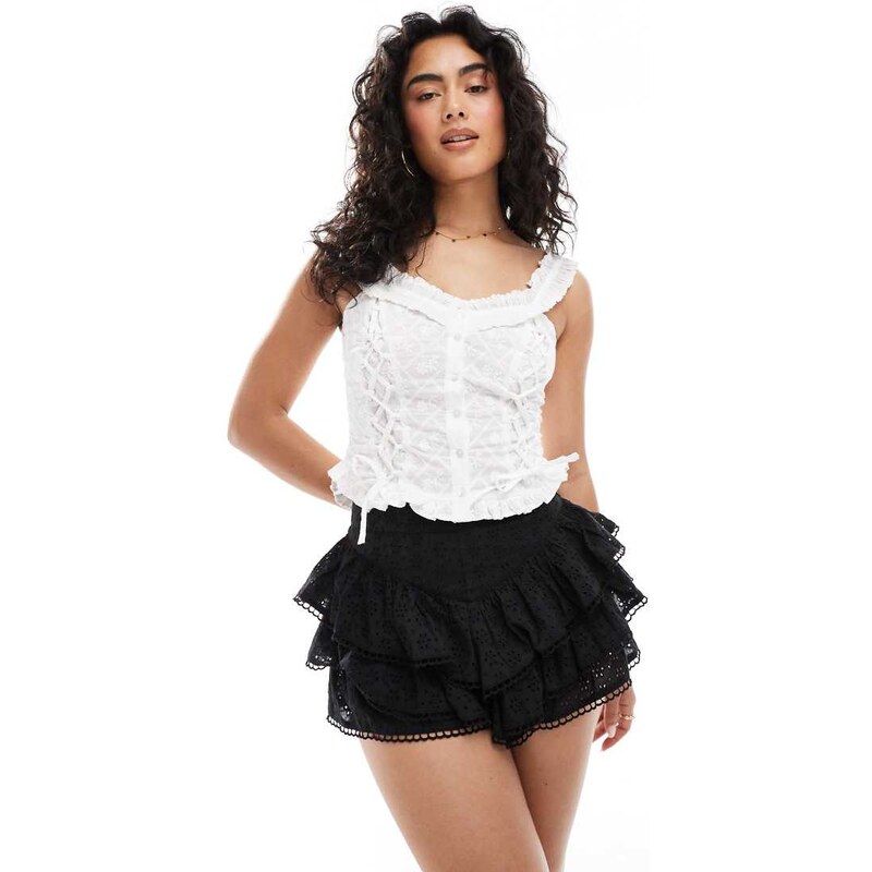 Miss Selfridge broderie ruffle mini short in black 107710496