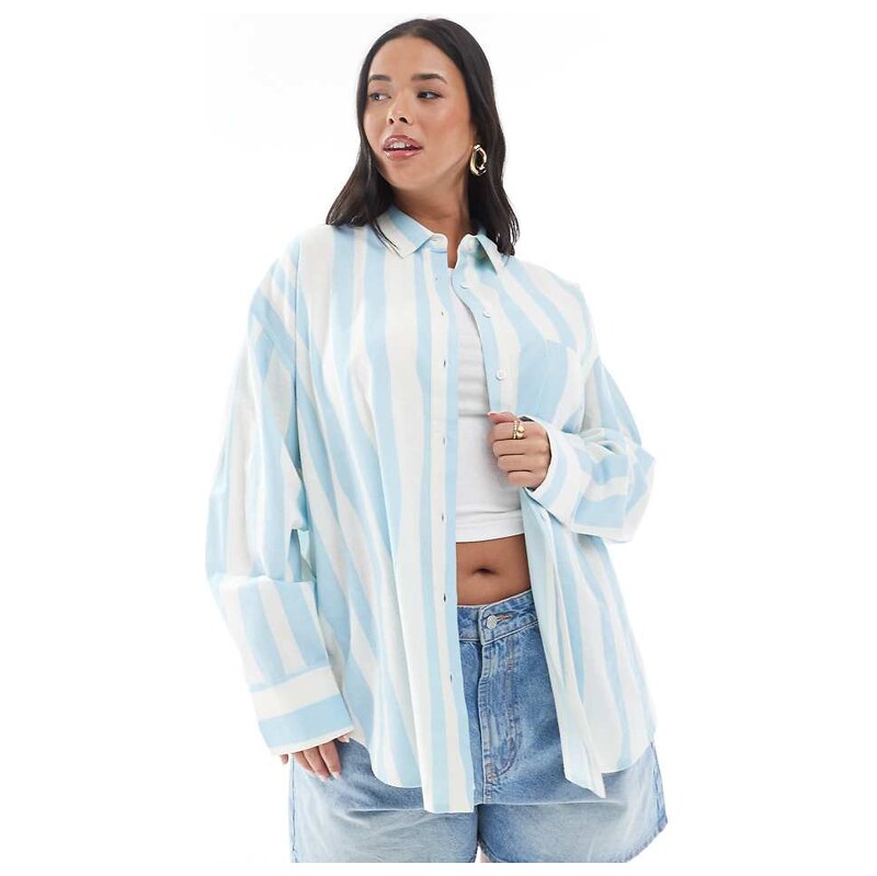 ASOS Curve ASOS DESIGN Curve linen blend oversized shirt in blurred 107698254
