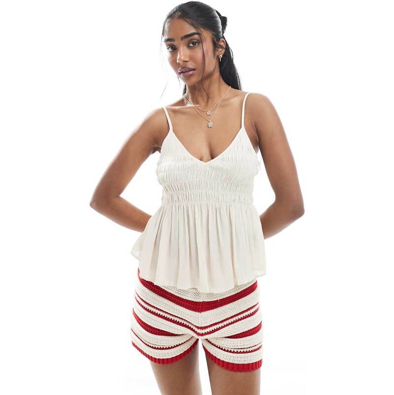 ASOS DESIGN V neck shirred cami in stone-Neutral