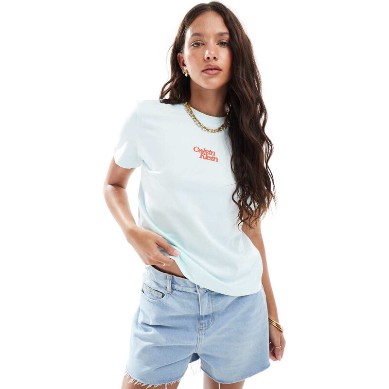 Calvin Klein Jeans central script logo t-shirt in pale aqua blue-Green 106367947