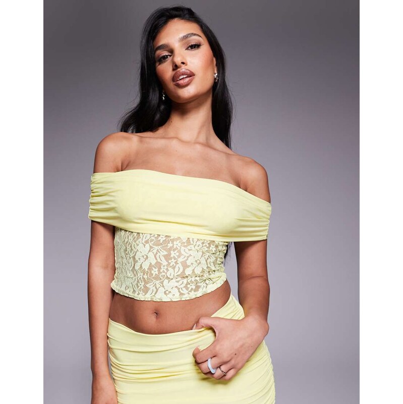 Missyempire slinky deep bardot lace top co-ord in lemon-Yellow 106368048