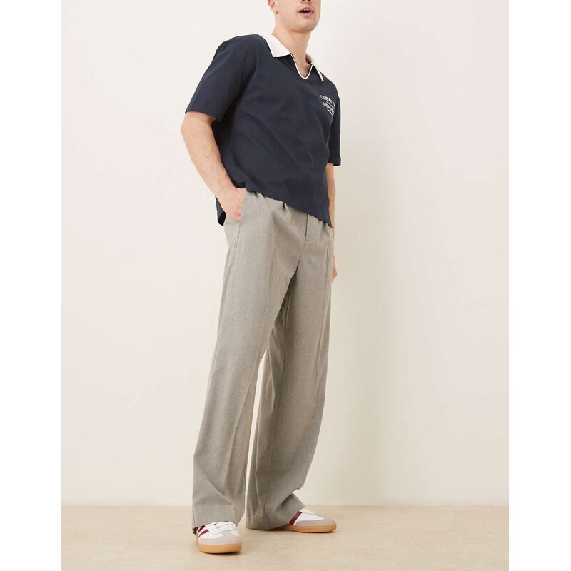 ASOS DESIGN smart wide leg trousers with front pleat in wool look light grey with elasticated waist