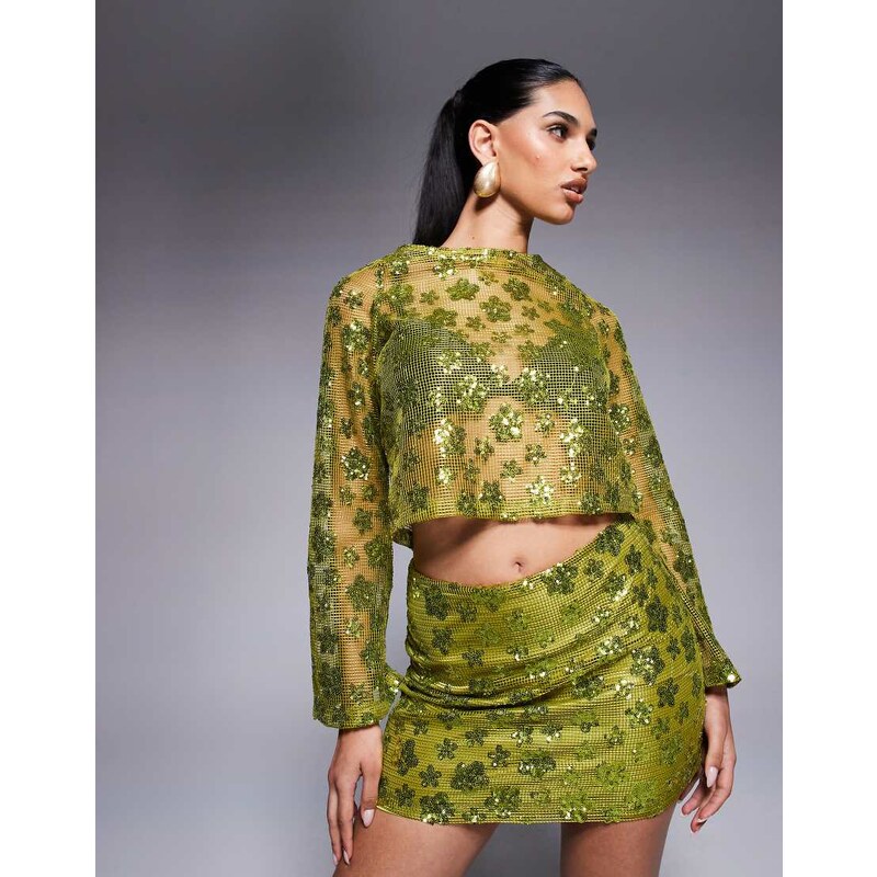 ASOS DESIGN co-ord crochet floral sequin mini skirt in olive