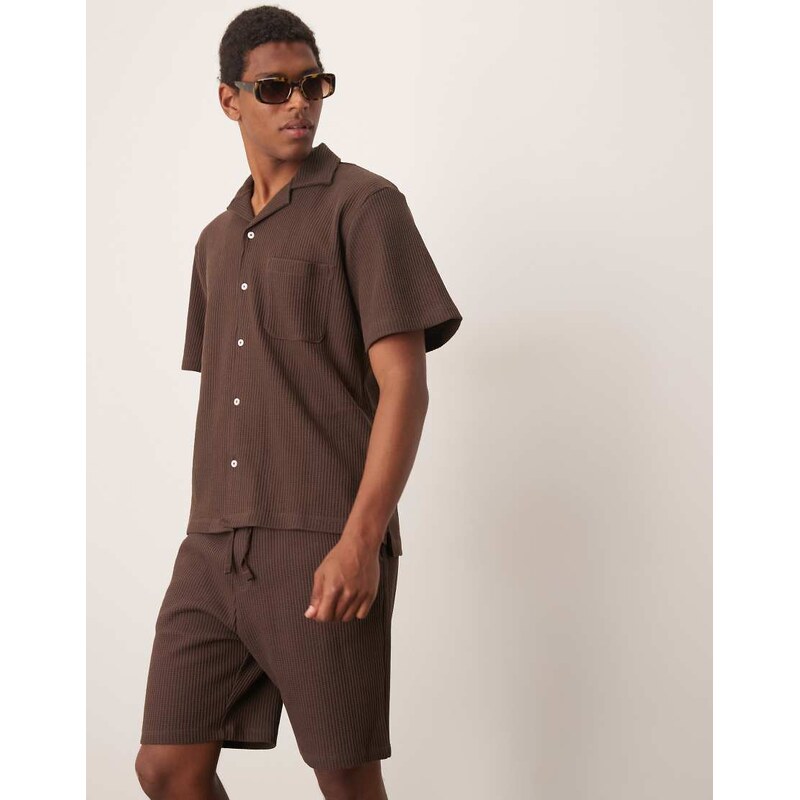 Selected co-ord revere collar waffle shirt in brown