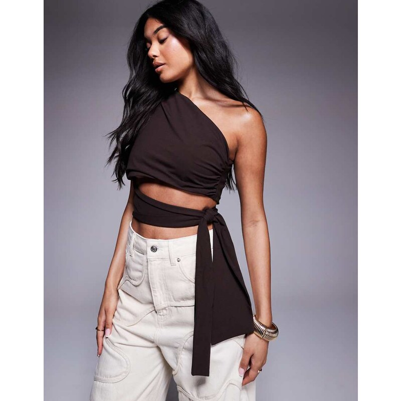 ASOS DESIGN clean one shoulder tie side top in chocolate-Brown