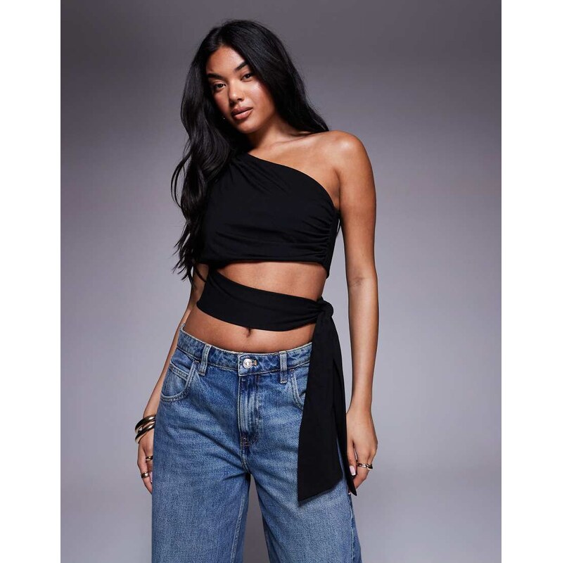 ASOS DESIGN clean one shoulder tie side top in black