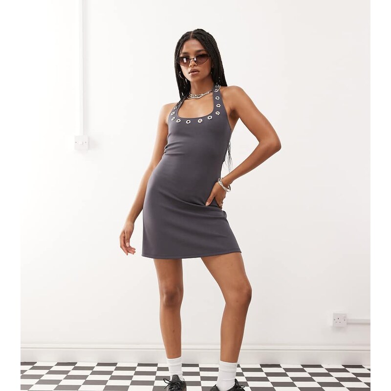 COLLUSION halter fit flare mini dress with eyelet detail-Grey 106398671