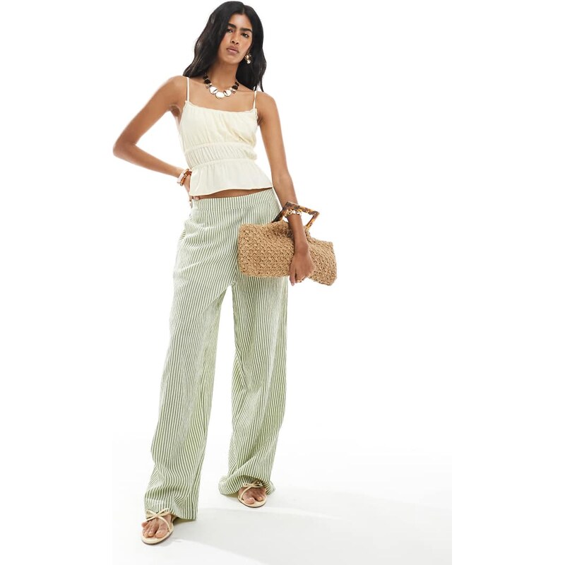 ASOS DESIGN textured pull on straight leg trousers in khaki