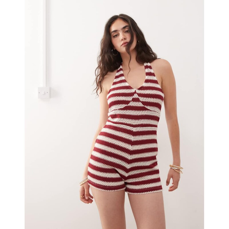 COLLUSION stripe halter playsuit in red-Multi 106370684