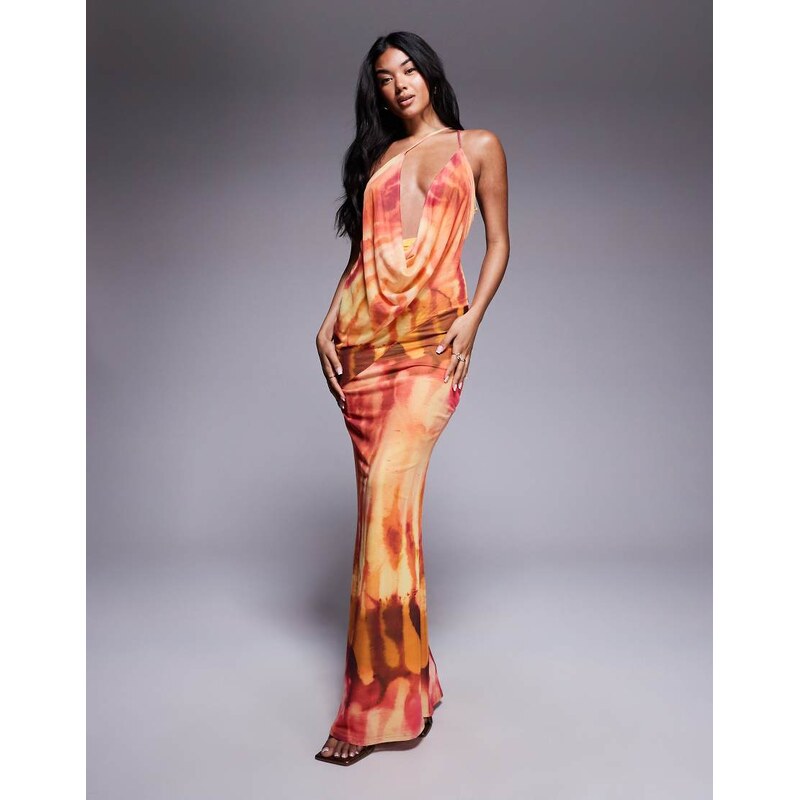 ASOS DESIGN printed mesh strappy one shoulder maxi dress in burn