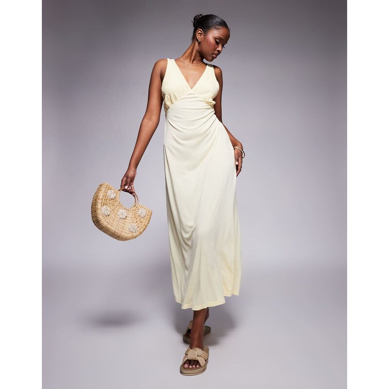 ASOS DESIGN v neck lace bodice midi dress in buttermilk-Yellow