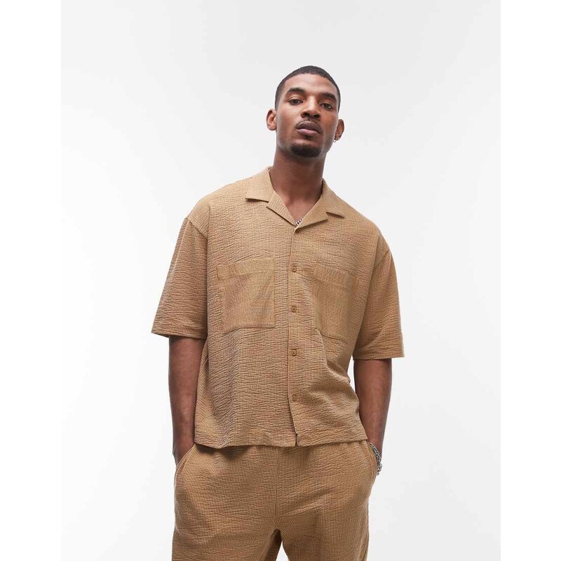 Topman crop fit button through jersey shirt with stripe in