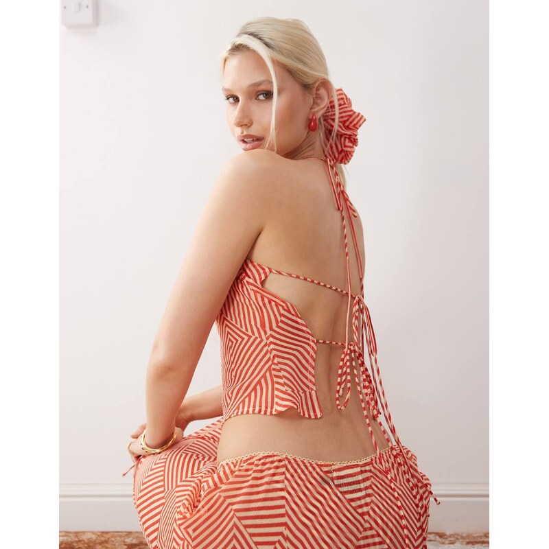 Reclaimed Vintage sheer beach top with open back in red stripe
