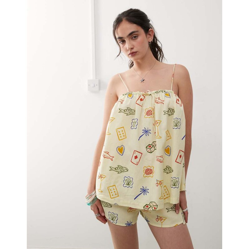 Reclaimed Vintage beach smock trapeze top in yellow postcard print 106820927