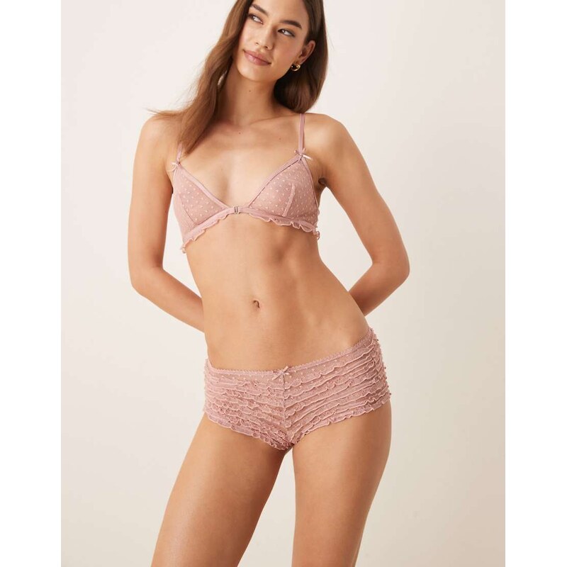 ASOS DESIGN Jessie spot embroidery frill mesh hipster short in dusty 106378411