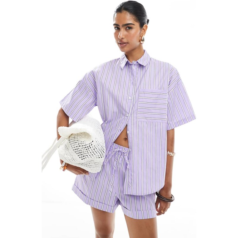 ASOS DESIGN boxy fit co-ord shirt in purple stripe-Multi 114962043