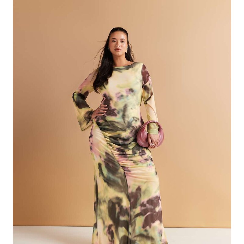 ASOS Curve ASOS DESIGN Curve long sleeve mesh maxi dress with double 106400554