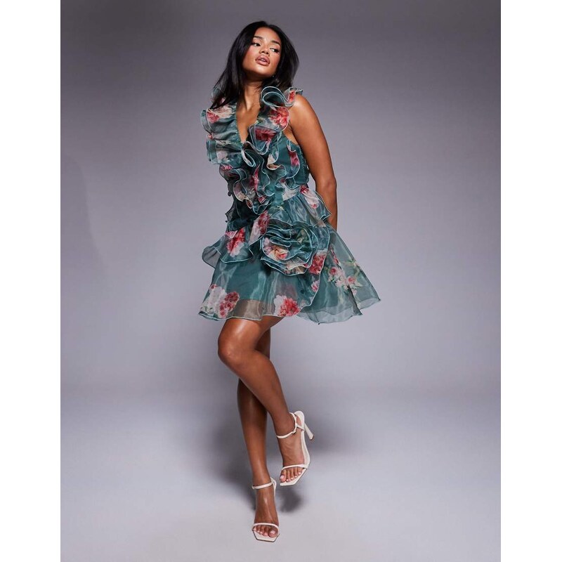 ASOS LUXE organza ruffle corsage mini dress in green floral print 106378554
