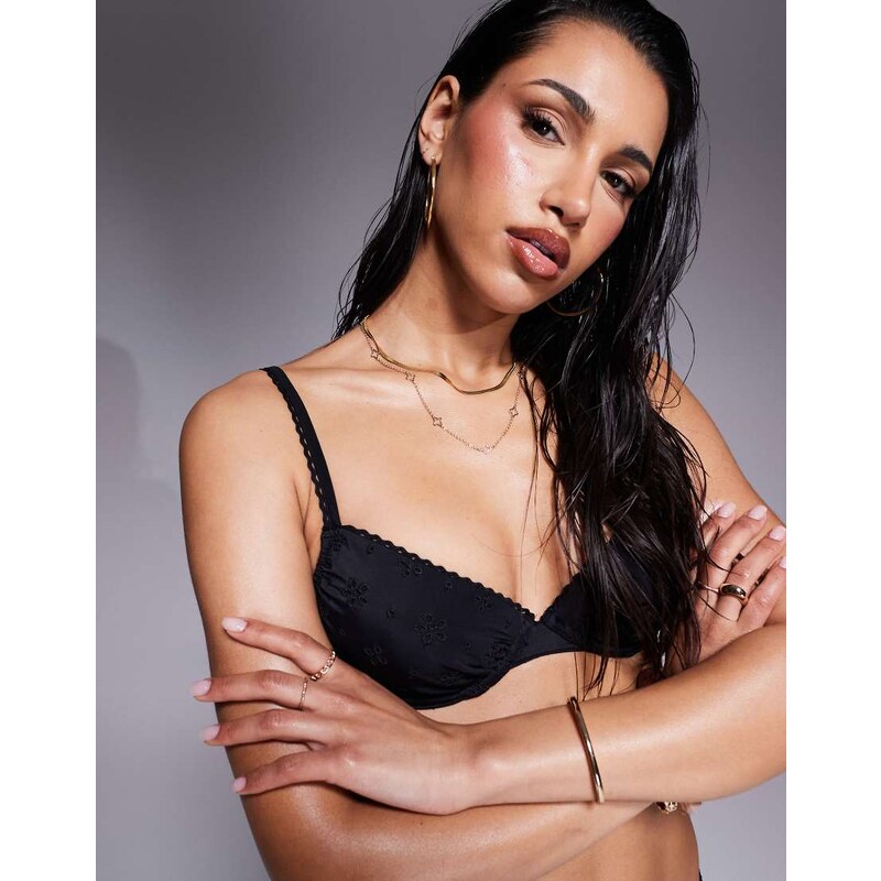 Boux Avenue broderie bikini top with frill trim in black-Multi 106378569