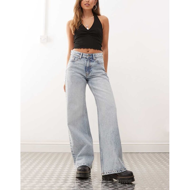 Monki Paz mid waist loose wide leg embellished jeans in light
