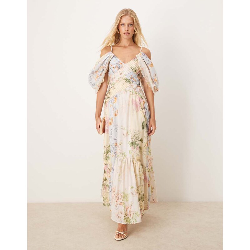ASOS DESIGN pleat bodice maxi dress with full skirt in mixed