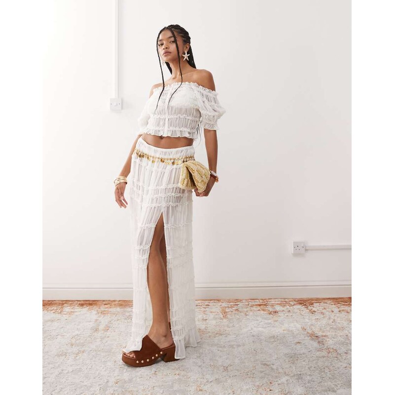 Miss Selfridge beach sheer shirred maxi skirt in cream-White 106876852