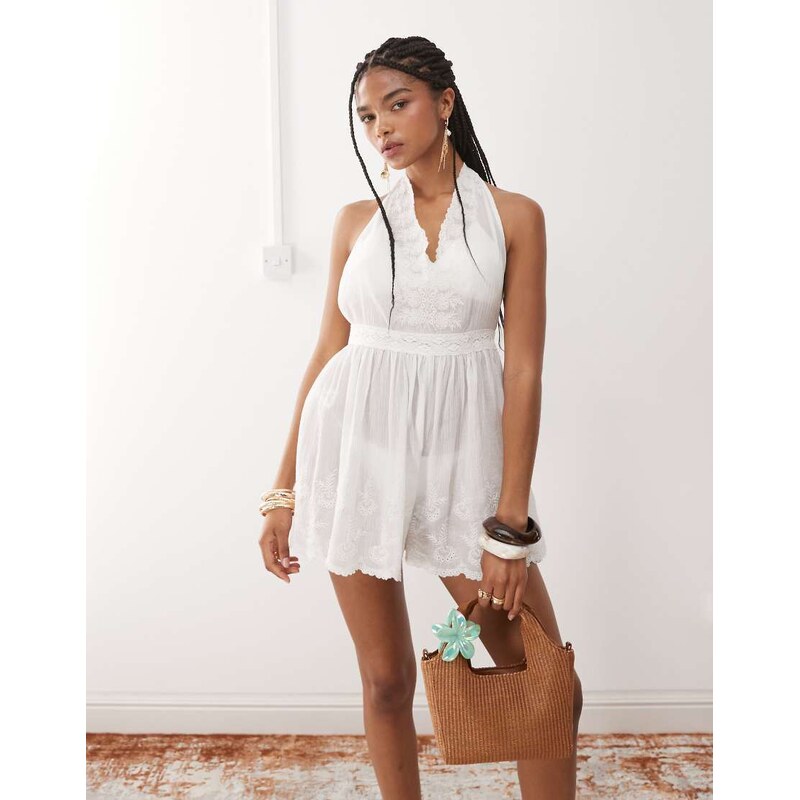 Miss Selfridge beach sheer embroidered playsuit in cream-Brown