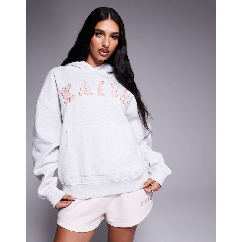 Kaiia cotton blend embroidered logo oversized hoodie in light grey and 106398623