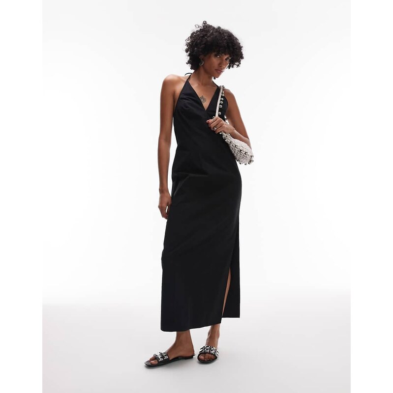 Topshop chuck on halter neck midi dress in black