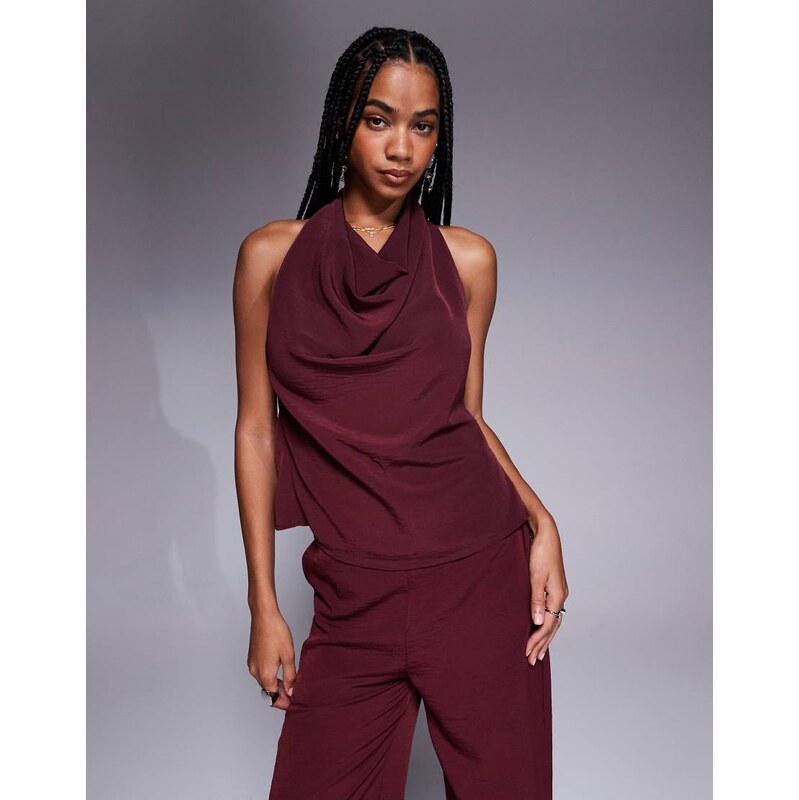 ASOS DESIGN cowl detail buckle back halterc co-ord top in burgundy-Red 106398672