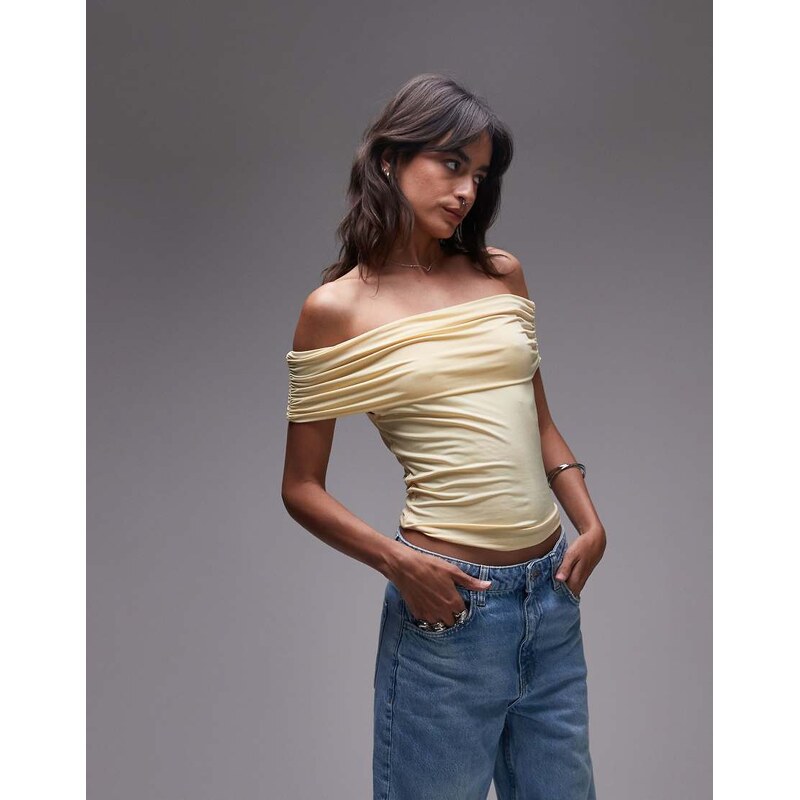 Topshop microfibre deep fold bardot top in buttermilk-Yellow 106398690