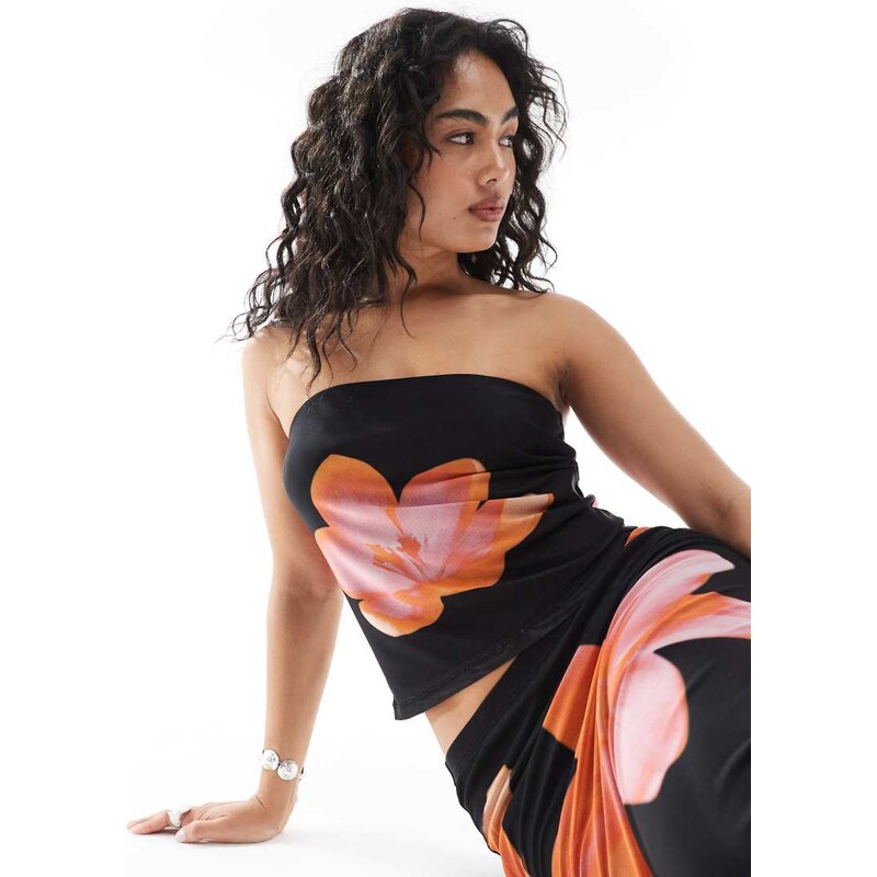 JJXX mesh strapless top co ord with flower print-Black