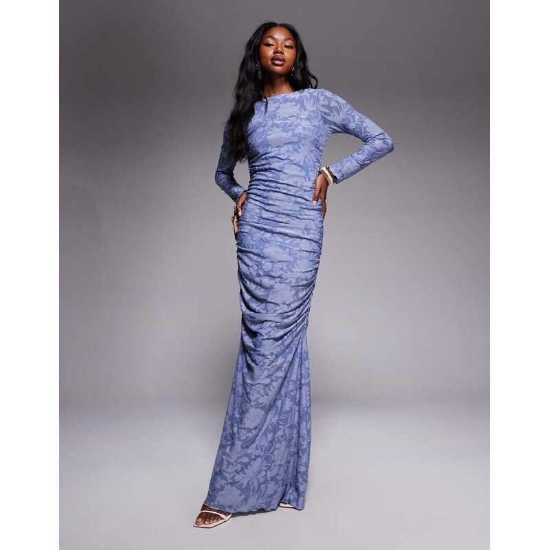 ASOS DESIGN devore long sleeve ruched maxi dress in bright blue