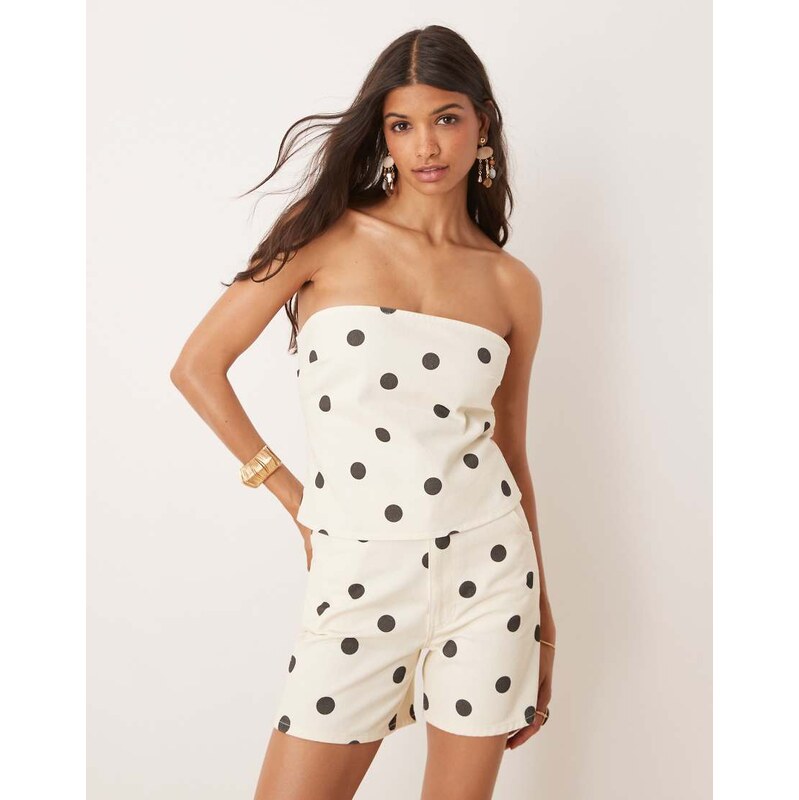 ASOS DESIGN bandeau denim top in ecru polka dot-White
