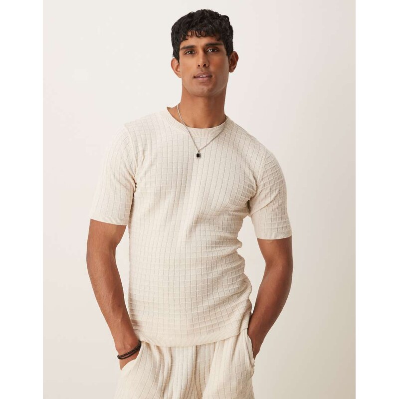 ASOS DESIGN muscle fit waffle knitted t-shirt co-ord in cream
