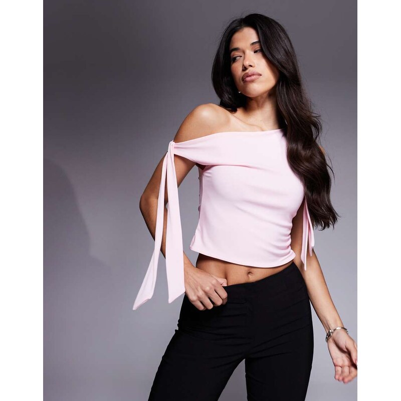 ASOS DESIGN slinky off the shoulder top with bow tie detail in pastel 106410303