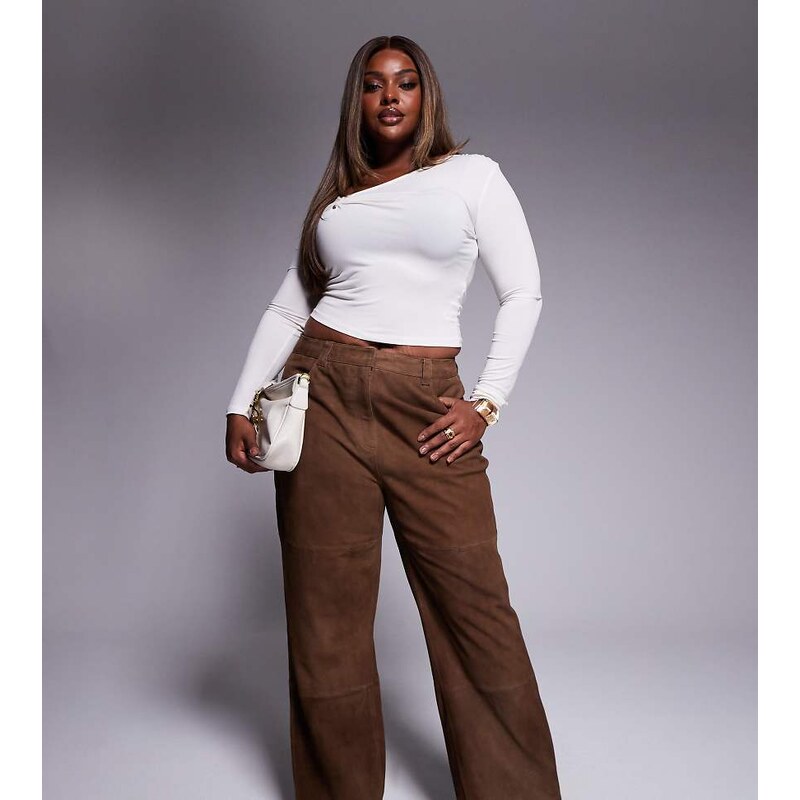 ASOS DESIGN Curve straight leg suede panelled trousers in mocha