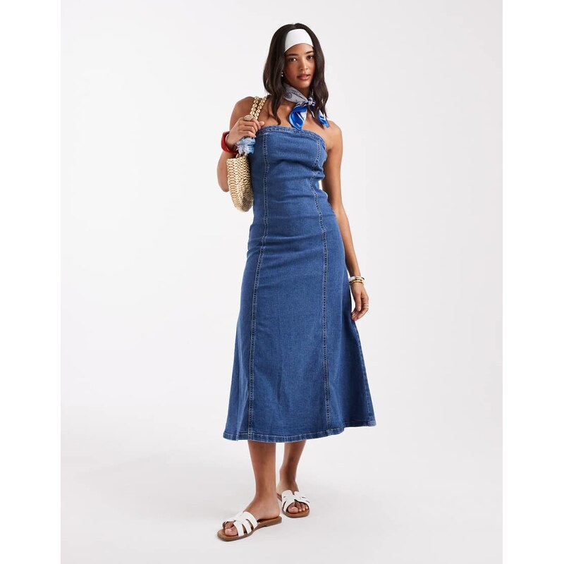 Vero Moda denim bandeau skater dress in medium blue