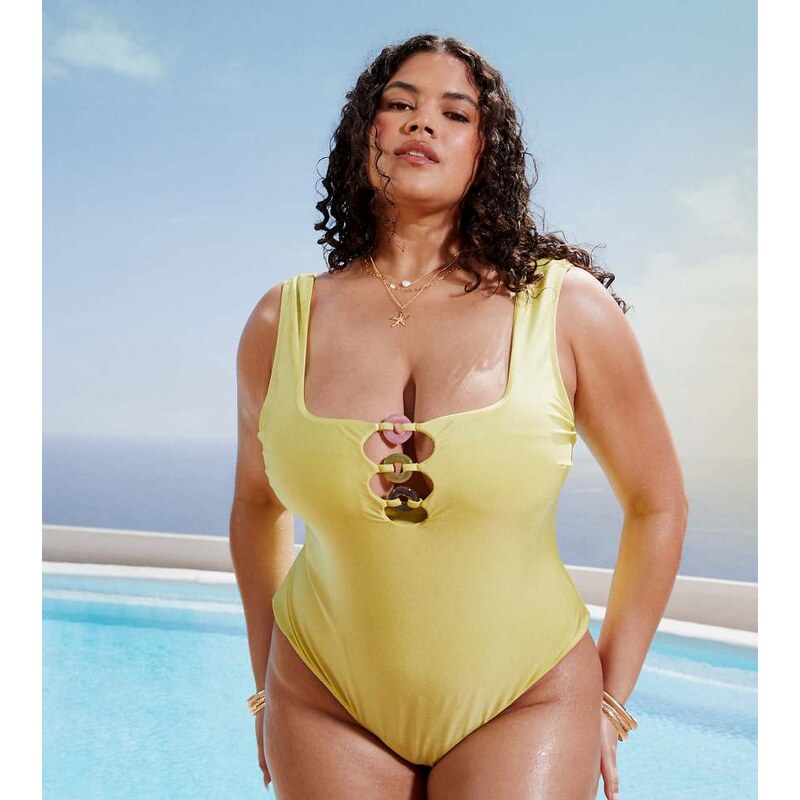 ASOS Curve ASOS DESIGN Curve Bella textured swimsuit with beaded ring 115511259