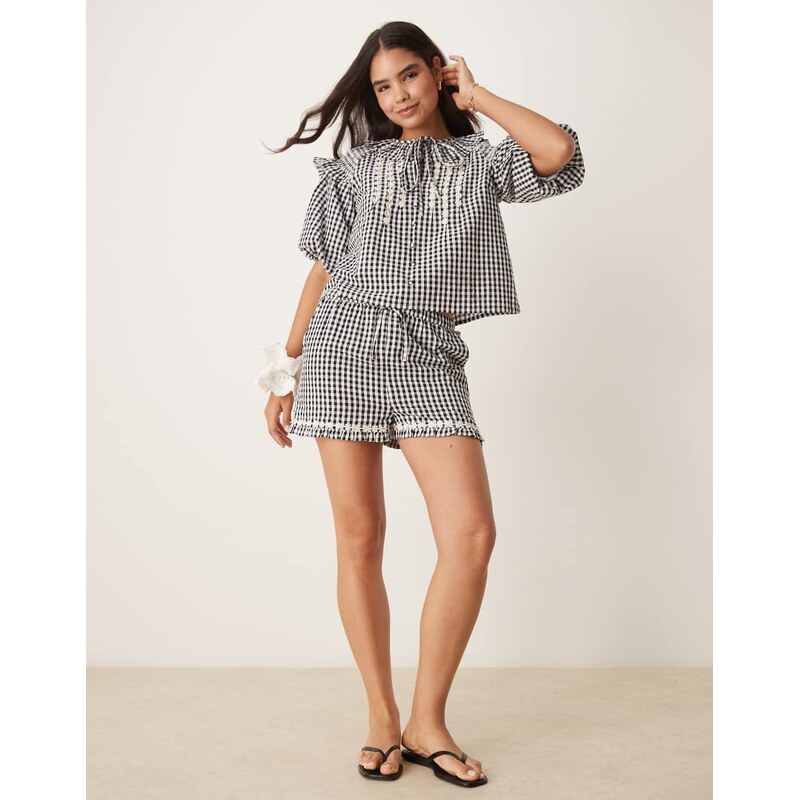 Neon Rose gingham ruffle edge shorts co-ord in black