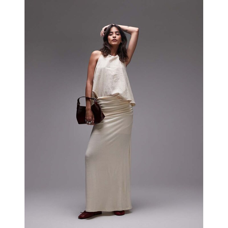 Topshop ruched waist maxi skirt in ecru-White 106400564