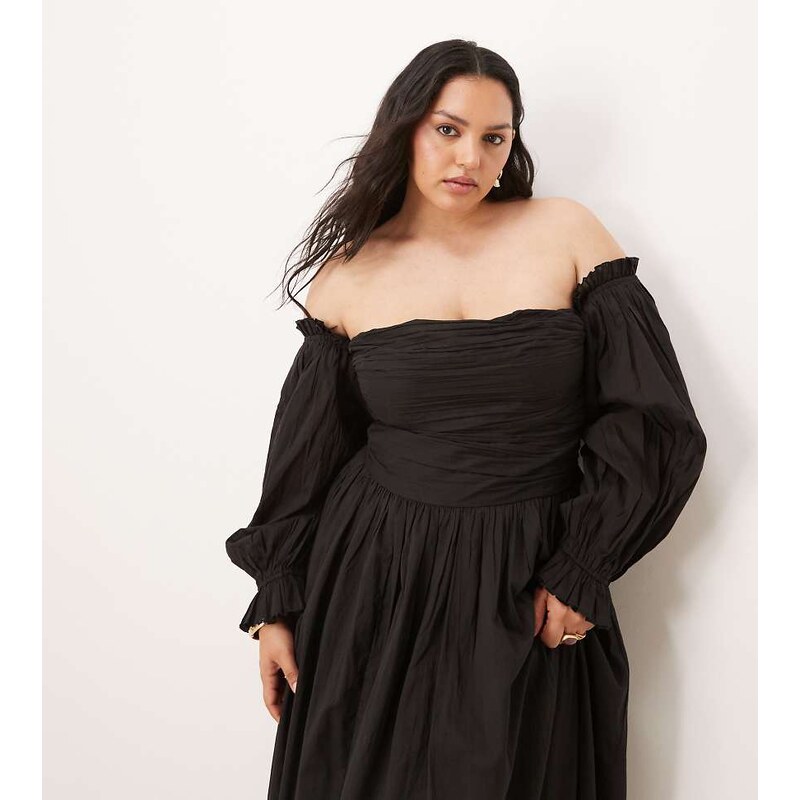 Lace & Beads Plus off shoulder cotton maxi dress in black 115565920