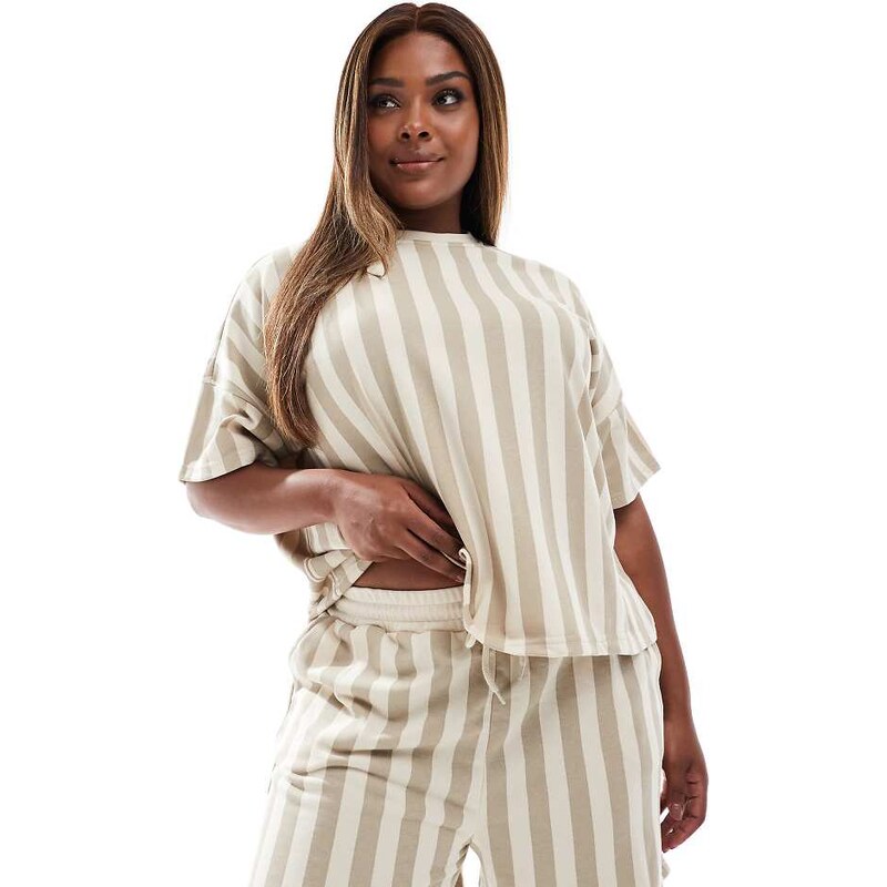 Pieces Plus Pieces Curve striped jersey shorts co-ord in beige-Neutral 106400585