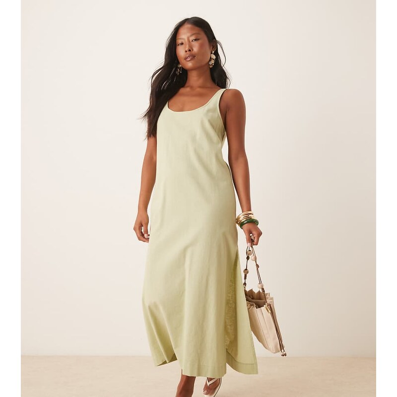 ASOS Petite ASOS DESIGN Petite scoop neck cotton linen midi dress in 114990403