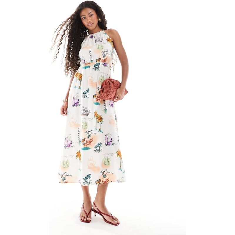 Object halterneck midi dress with tie side detail in warm postcard 106400591