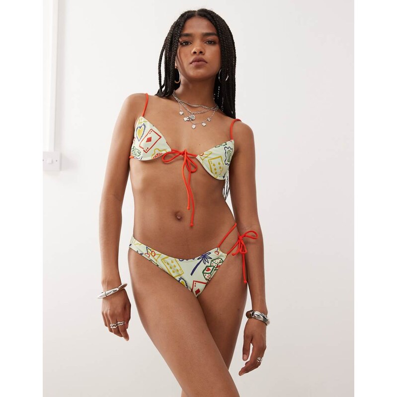 Reclaimed Vintage bikini bottom with skinny contrast straps in lucky 107721706