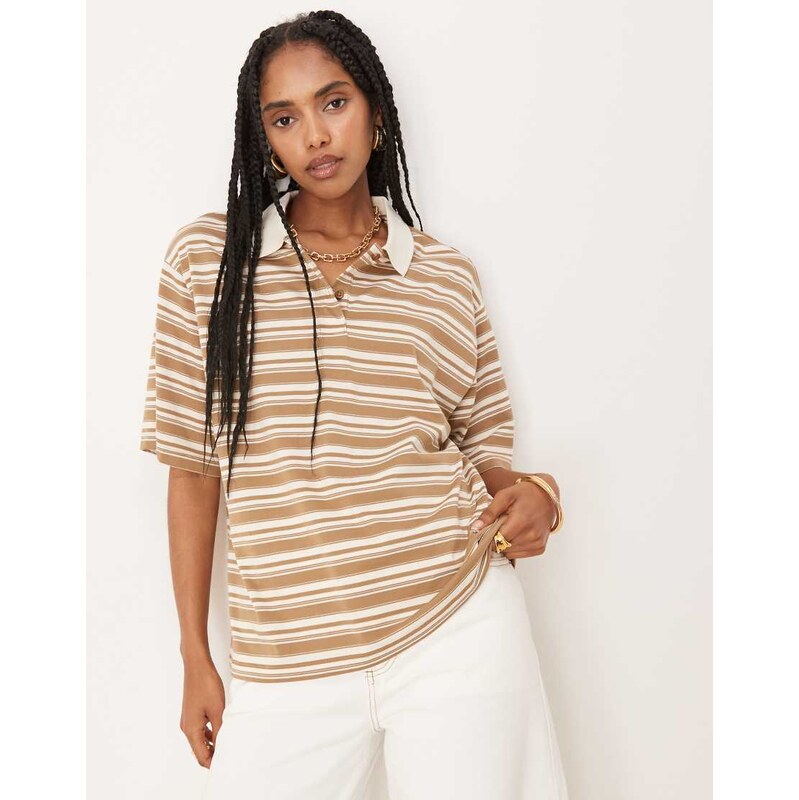 AWARE half sleeve polo top in neutral stripe