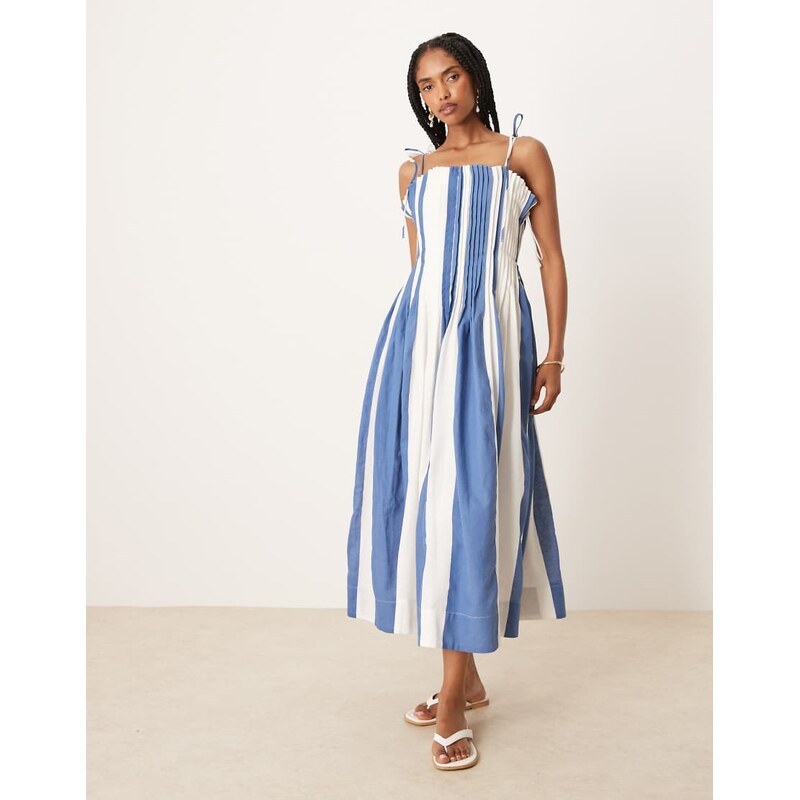 ASOS DESIGN narrow pintuck bodice dress with tie straps in blue